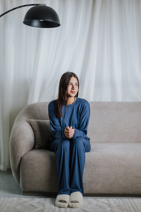 Women Fall pajama set Oversized Dusty Blue shirt +Pants